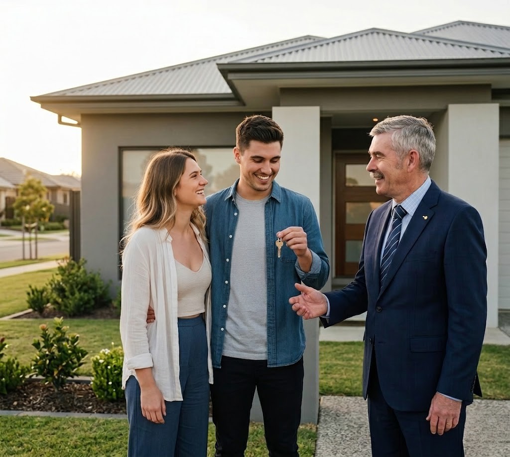 First home buyers receiving keys from their coach outside their new Adelaide home